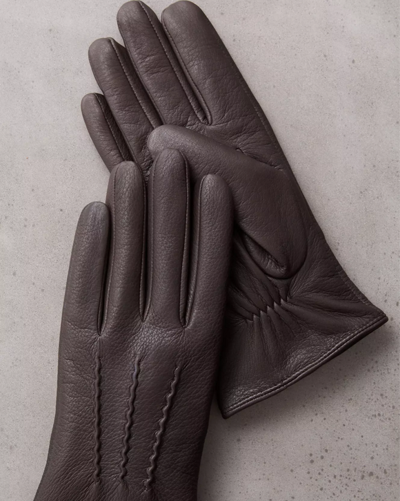 Overland Norfolk Cashmere-Lined Deerskin Leather Gloves, Dark Brown