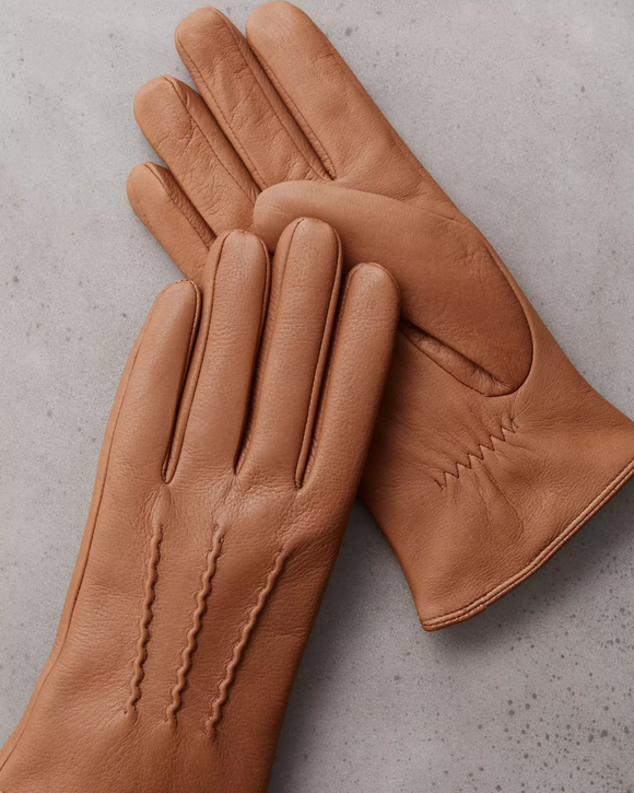 Overland Norfolk Cashmere-Lined Deerskin Leather Gloves, Tan