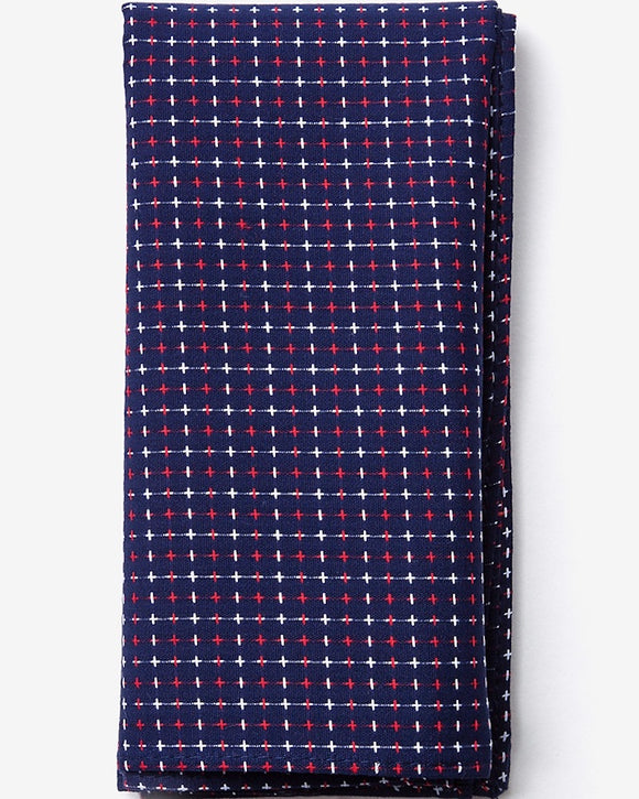 Ties.com Ashland Cotton Pocket Square, Navy Blue with Red & White Pattern