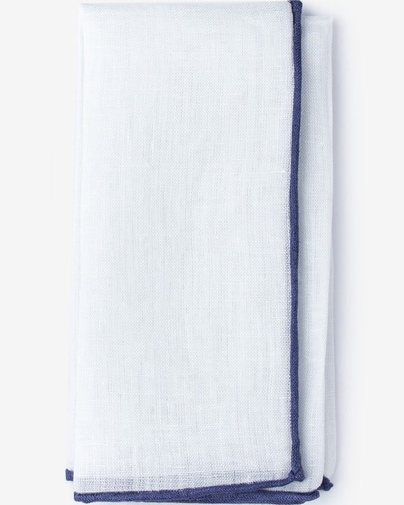 Ties.com White Linen Pocket Square with Navy Rolled Edges